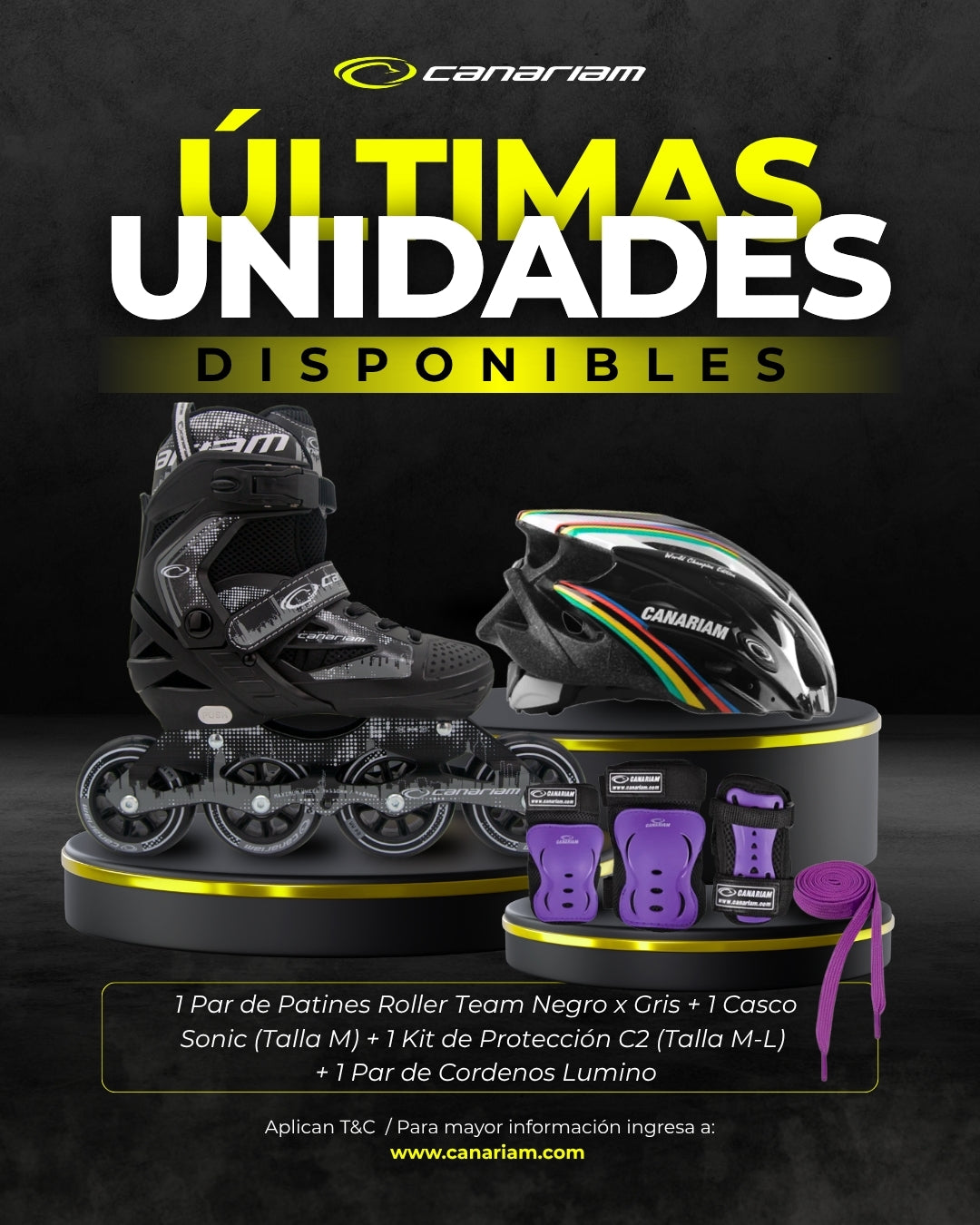 Promo: Roller Team (Gris x Negro) + Casco Sonic (Talla M) + Kit C2 Morado (Talla: M / L) + 1 Par de Cordones Lúmino