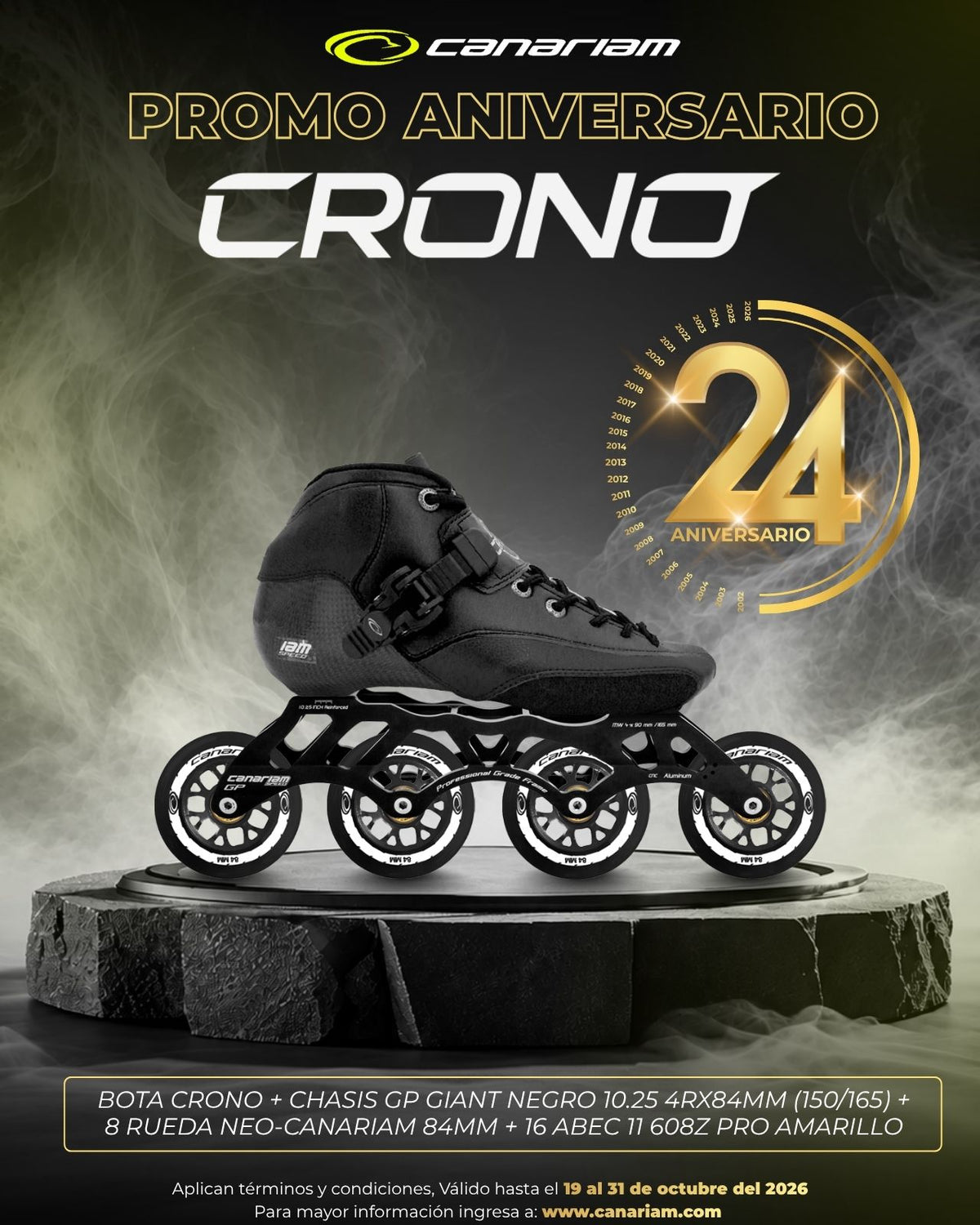 Promo: Crono + Chasis GP Giant 10.25 + 8 Ruedas Canariam NEO 84mm + 16 Balineras ABEC 11 Pro Amarillo