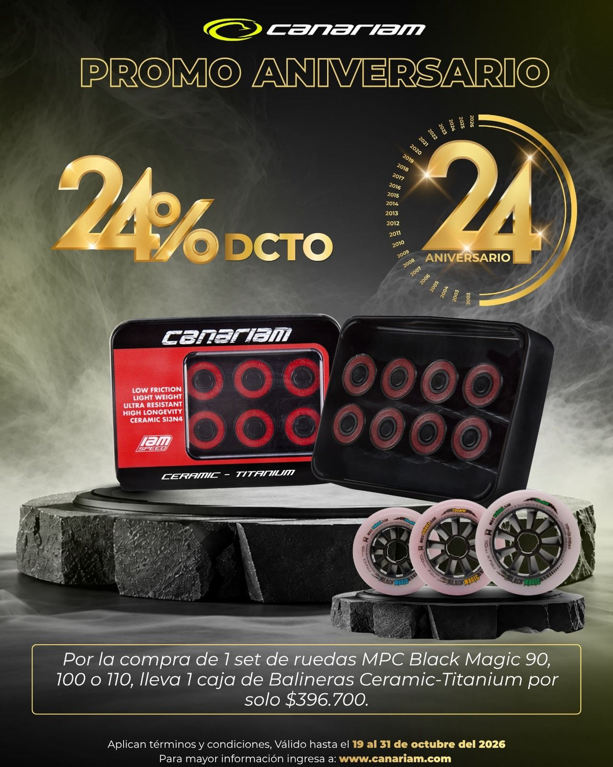 Promo 24% Off: Por la compra de 1 set de ruedas MPC Black Magic 90/100/110, lleva 1 caja de Balineras Ceramic Titanium por $396.700Balineras Titanium