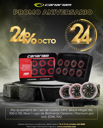 Promo 24% Off: Por la compra de 1 set de ruedas MPC Black Magic 90/100/110, lleva 1 caja de Balineras Ceramic Titanium por $396.700Balineras Titanium