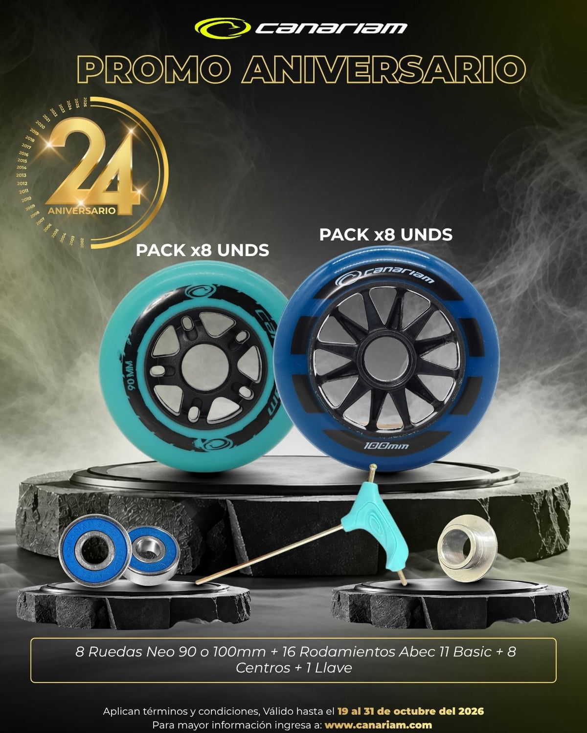Promo: 8 Ruedas Neo 90/100mm + 16 Rodamientos ABEC 11 Basic + 8 Centros + 1 Llave