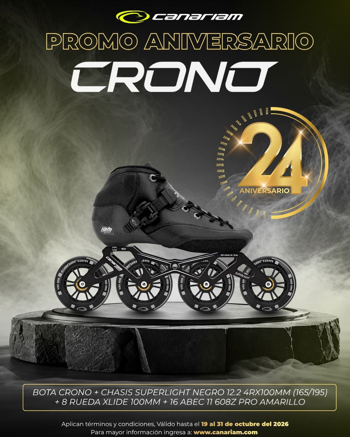 Promo: Crono + Chasis Superlight 12.2 Xlide 4x100mm + 16 Balineras ABEC 11 PRO Amarillo