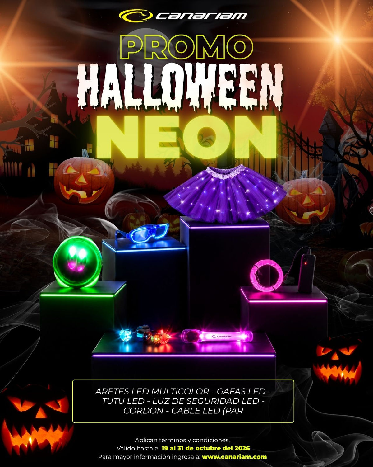 Promo Halloween Neon: Aretes Led multicolor + Gafas Led + Tutu Led + Luz de seguridad Led + Cordón + Cable Led (Par)
